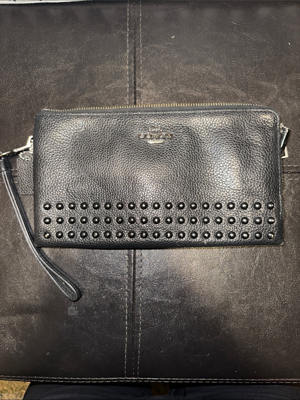Coach Black Pebbled Leather Studded Wristlet